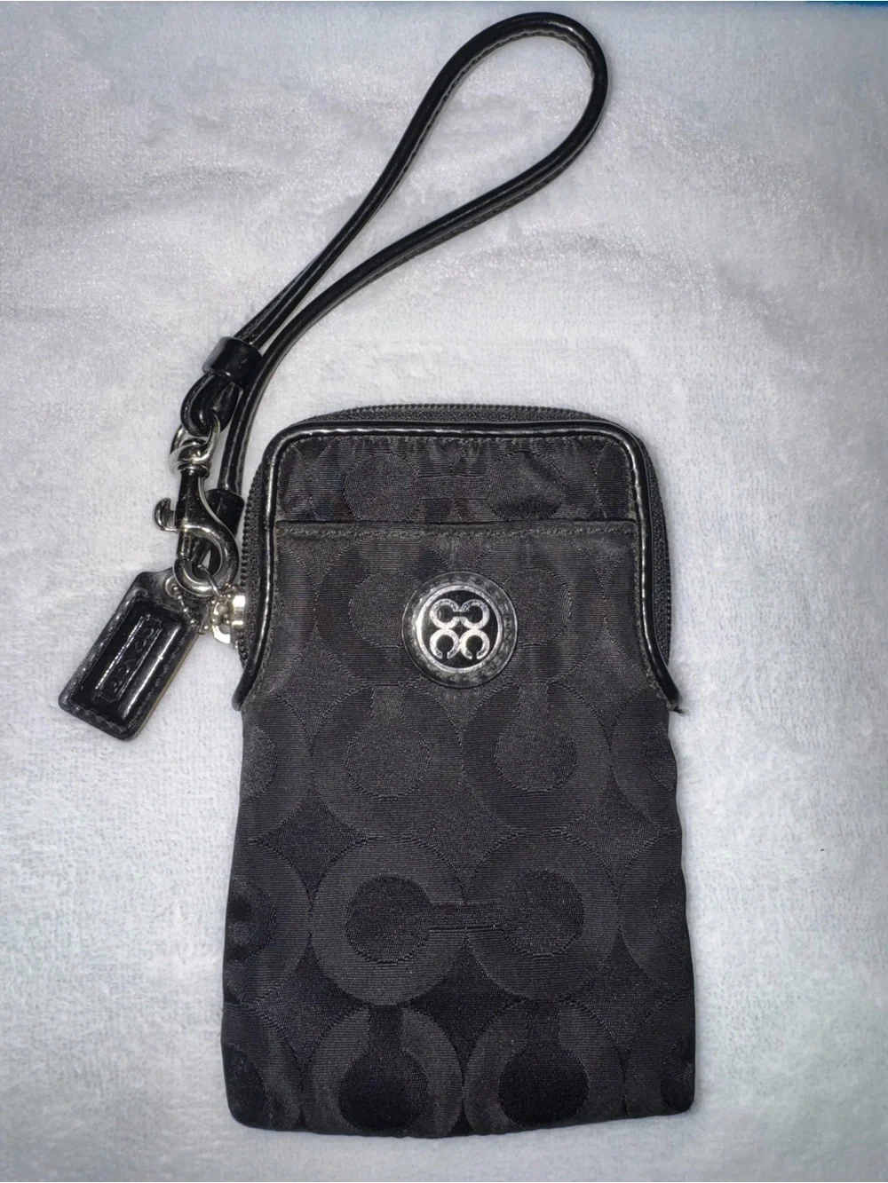 Coach Black Signature Jacquard Wristlet Pouch with Silver Emblem